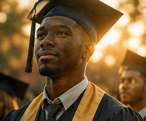 A proud graduate wearing a cap, gown, and gold stole