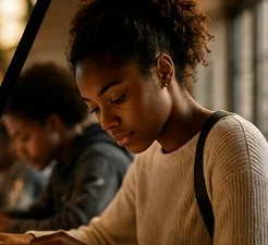 A student concentrating on her schoolwork
