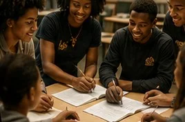 Students collaborating around a table